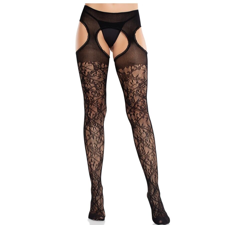 LEG AVENUE - BLUMENSPITZENSTRÜMPFE MIT STRUMPFBÄNDERN VEREINT SCHWARZ