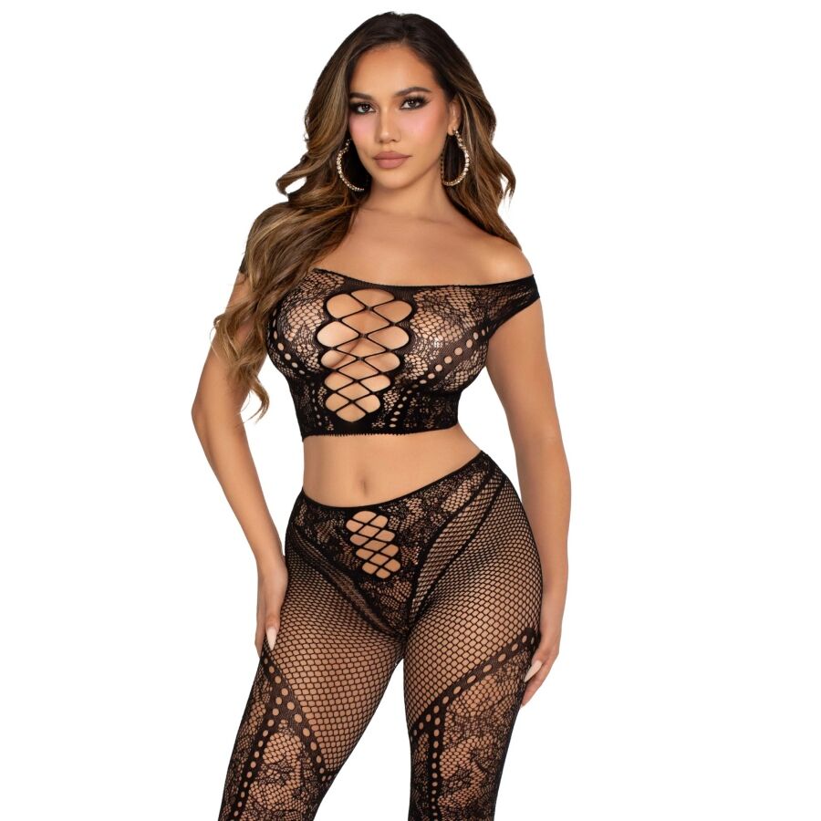 LEG AVENUE - CROP TOP UND NETZLEGGINGS MIT SCHULTERFREI SCHWARZ
