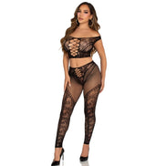 LEG AVENUE - CROP TOP UND NETZLEGGINGS MIT SCHULTERFREI SCHWARZ