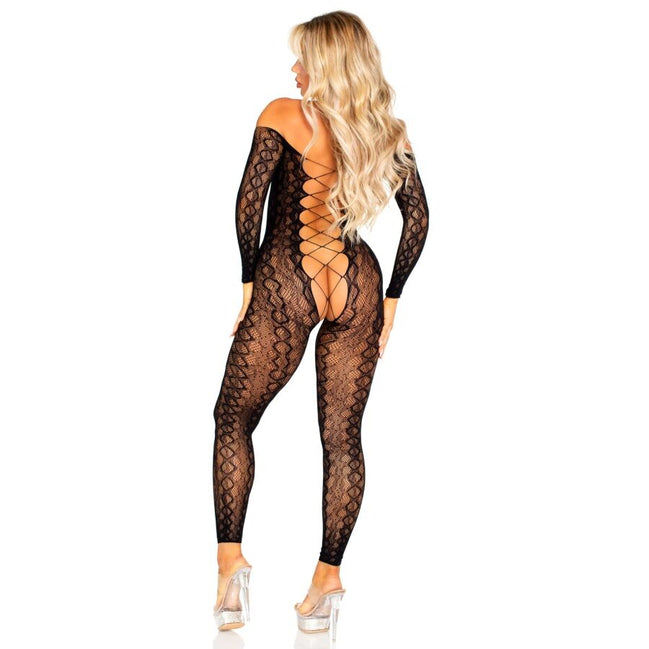 LEG AVENUE - BODYSTRUMPF MIT OFFENEM SCHRITT AUS EXOTISCHER SCHLANGENSPITZE SCHWARZ