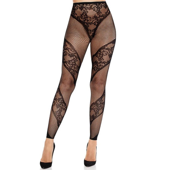 LEG AVENUE - SPITZEN- UND TRANSPARENTE FÜSSLINGSLOSE STRUMPFHOSE SCHWARZ
