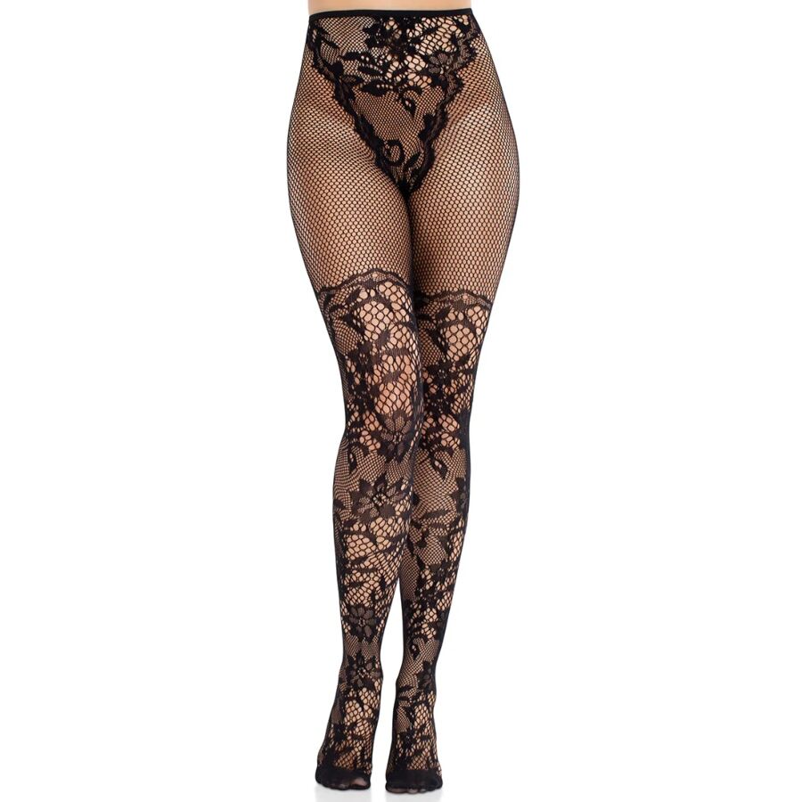LEG AVENUE - DAHLIA SPITZENSTRÜMPFE MIT NETZ-DETAIL SCHWARZ