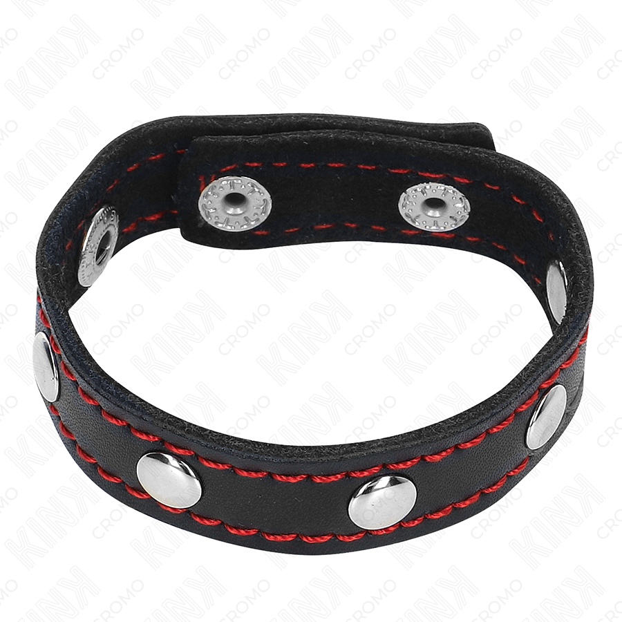 KINK – PENISRING AUS LEDER MIT DRUCKVERSCHLUSS ROTES FUTTER 21 X 1,5 CM