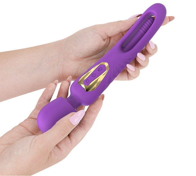 Purple electronic device held in hands.