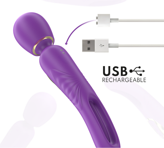 Purple USB rechargeable device with charging cable on a white background.