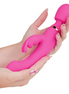 Pink USB rechargeable massager with a white cable on a white background.
