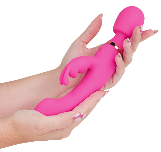 Pink USB rechargeable massager with a white cable on a white background.