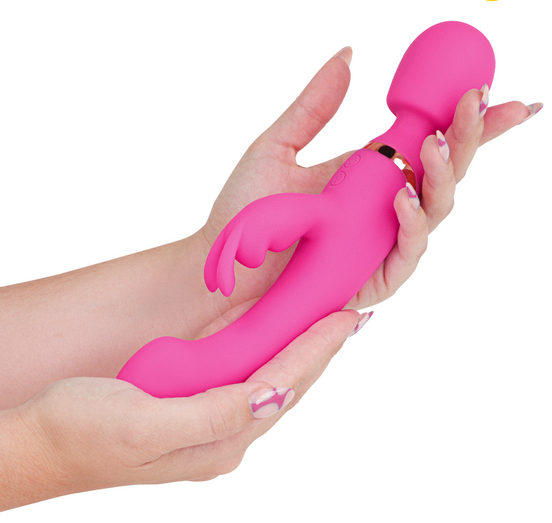 Pink USB rechargeable massager with a white cable on a white background.