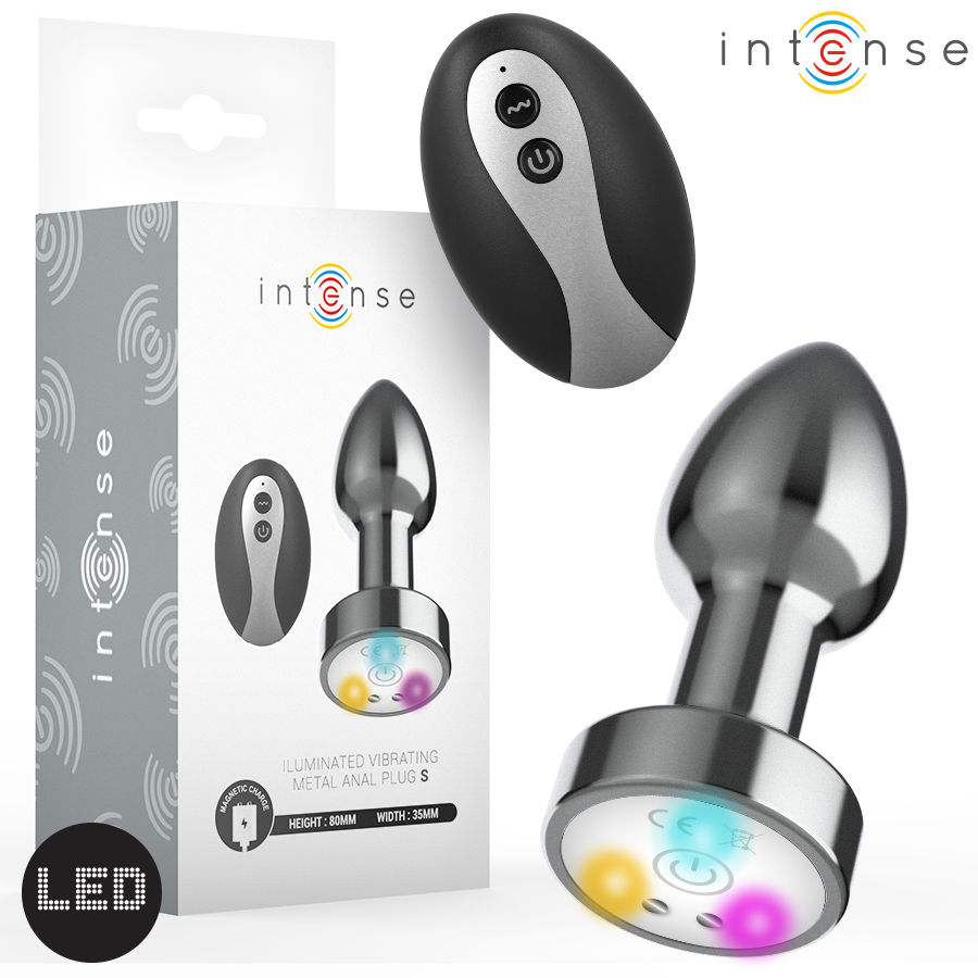 INTENSE – VIBRIERENDER METALL-ANALDILDO MIT LED-LICHTERN UND FERNBEDIENUNG – GRÖSSE S