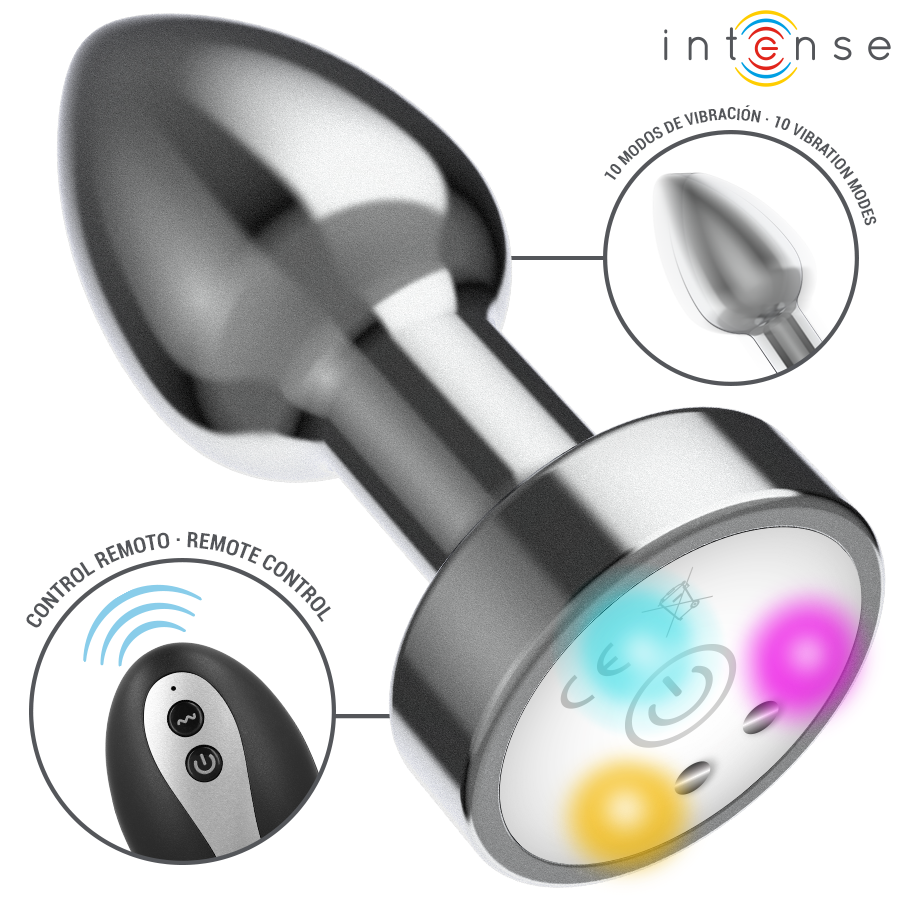 INTENSE - VIBRIERENDER METALL-ANUSPLUG MIT LED-LICHTERN UND FERNBEDIENUNG - GRÖSSE M