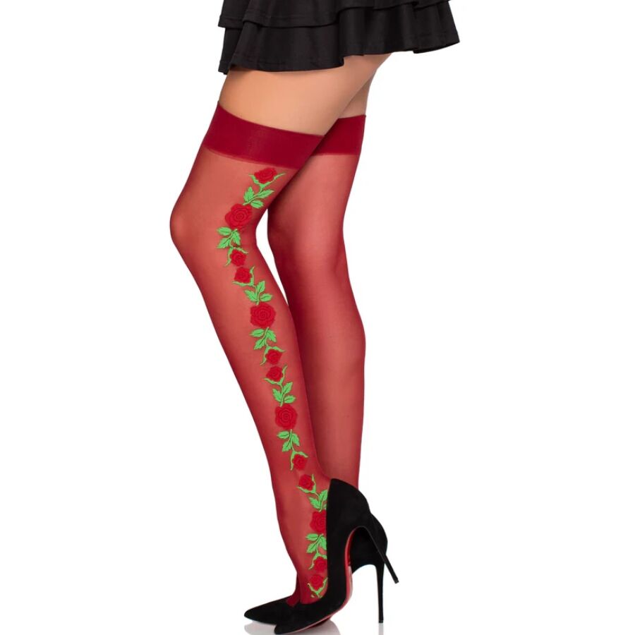 LEG AVENUE - 1957 STRUMPFHALTERSTRÜMPFE MIT ROTEN BLUMEN - EINHEITSGRÖSSE