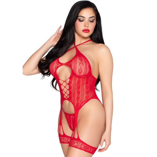 LEG AVENUE - 89338 SPITZEN-OPEN-BODY MIT STRUMPFHALTER + STRINGS ROT - ONESIZE