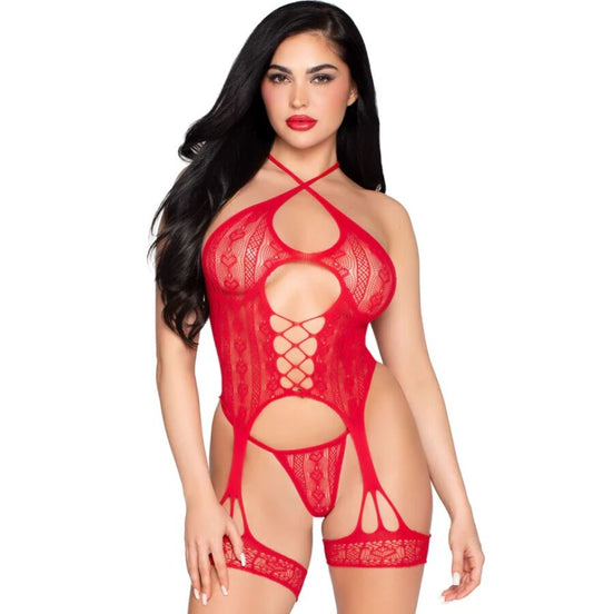 LEG AVENUE - 89338 SPITZEN-OPEN-BODY MIT STRUMPFHALTER + STRINGS ROT - ONESIZE