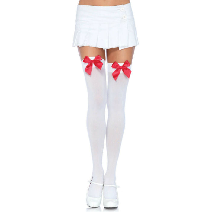 LEG AVENUE - NYLON OVERKNEE STRÜMPFE MIT SCHLEIFE WEISS / ROT