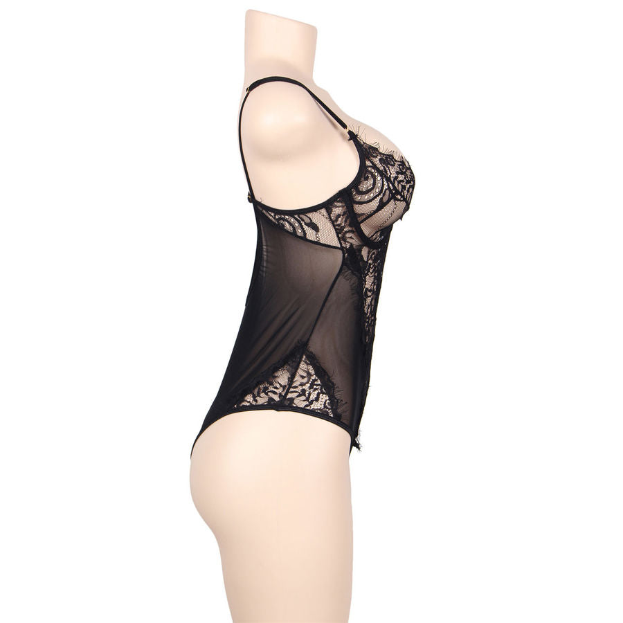 SUBBLIME - QUEEN PLUS FLORALE SPITZE UND GEFRANSTER SCHWARZER TEDDY