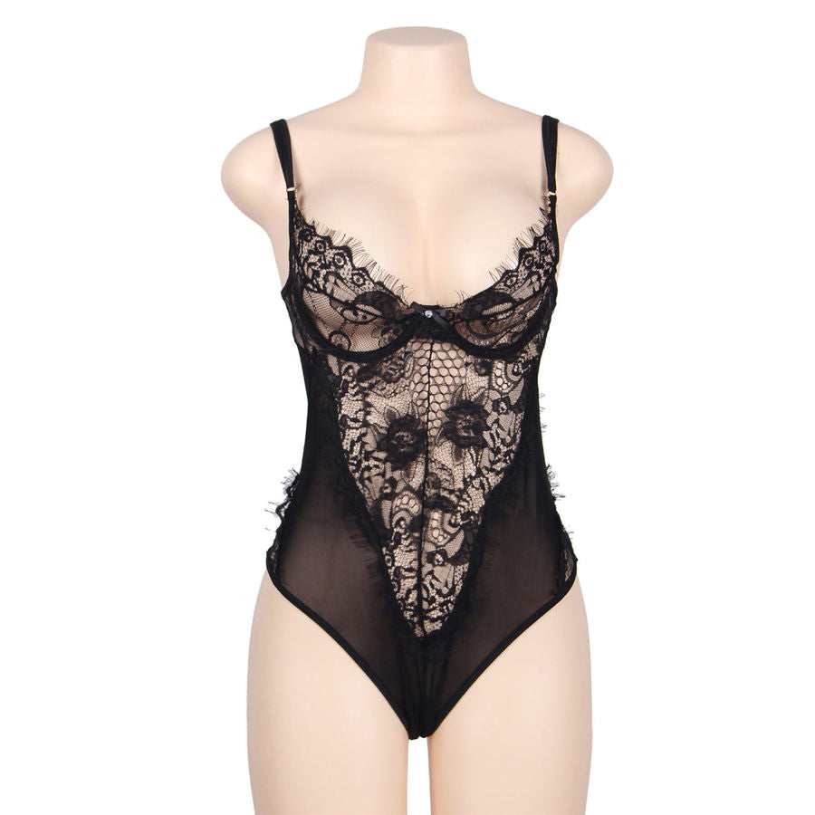 SUBBLIME - QUEEN PLUS FLORALE SPITZE UND GEFRANSTER SCHWARZER TEDDY