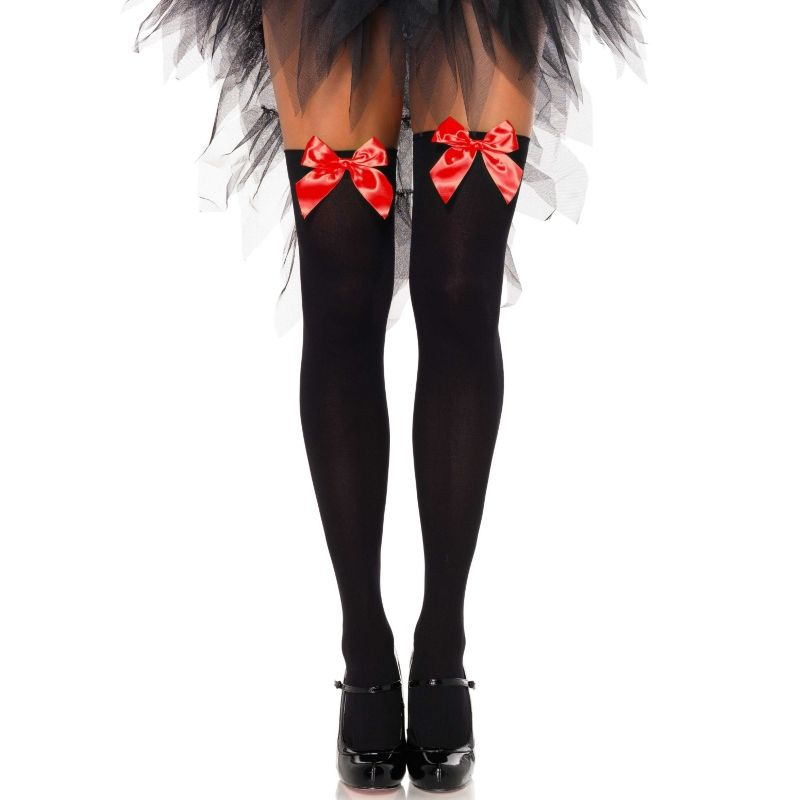 LEG AVENUE - SCHWARZE NYLON OVERKNEES MIT ROTER SCHLEIFE EINHEITSGRÖSSE