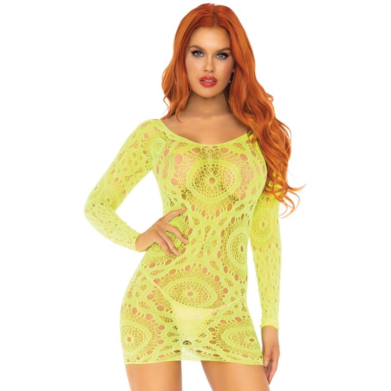 LEG AVENUE - HÄKELSPITZEN-MINIKLEID MIT LANGEN ÄRMELN NEON EINHEITSGRÖSSE