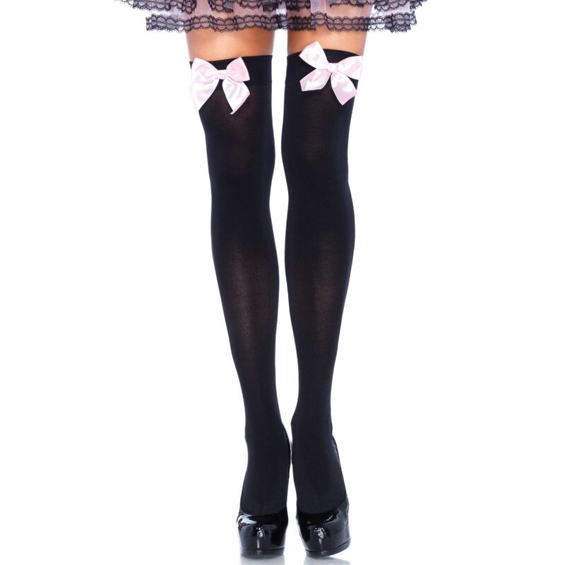 LEG AVENUE - SCHWARZE NYLON-OVERKNEES MIT ROSA SCHLEIFE, EINHEITSGRÖSSE